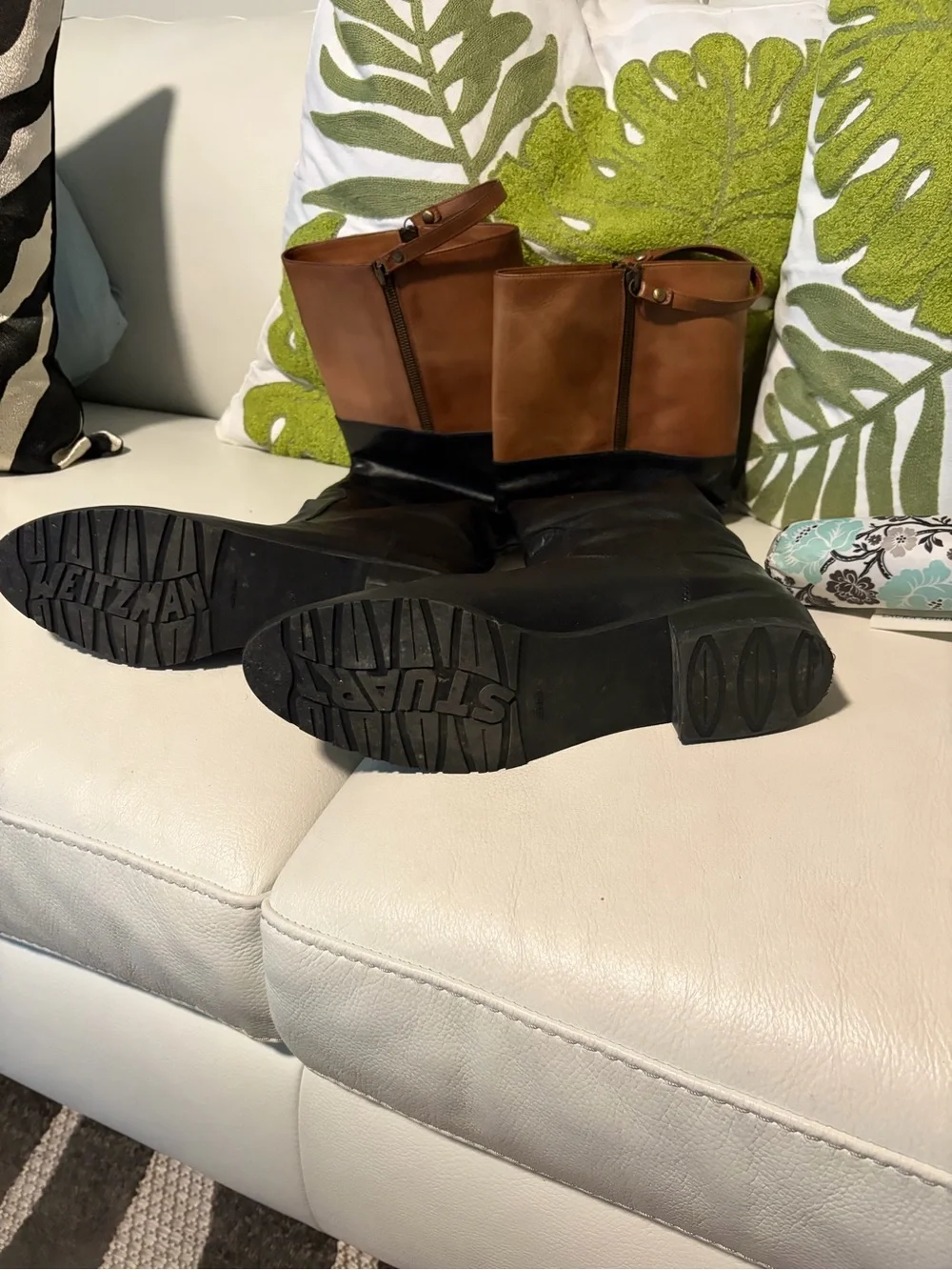 Stuart Weitzman Two-Tone Black and Brown Over-the-Knee Leather Boots